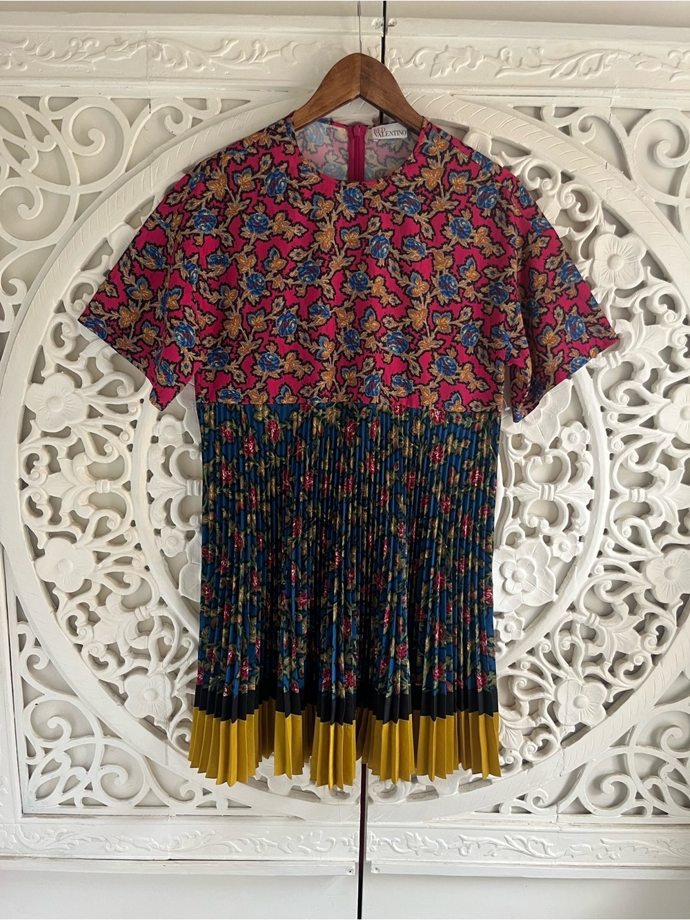 REDValentino Mixed Floral Pleated Mini Dress Pink Blue Mustard IT 42 US 6